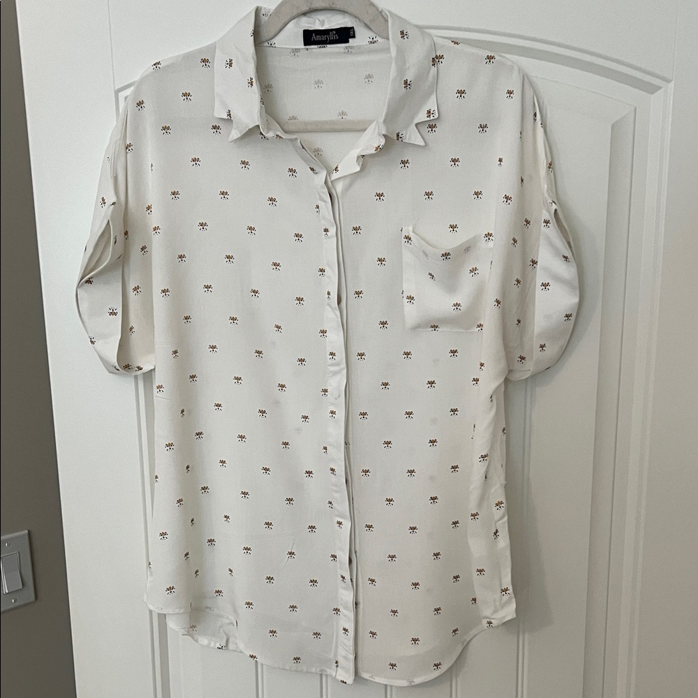 Amaryllis White Button Down Shirt with Cute Bumble Bee Pattern Sz 1XL